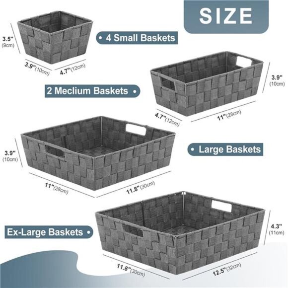 Woven Storage Baskets Set of 8 Grey Organizer Bins for Closet Shelf Office - Picture 3 of 8